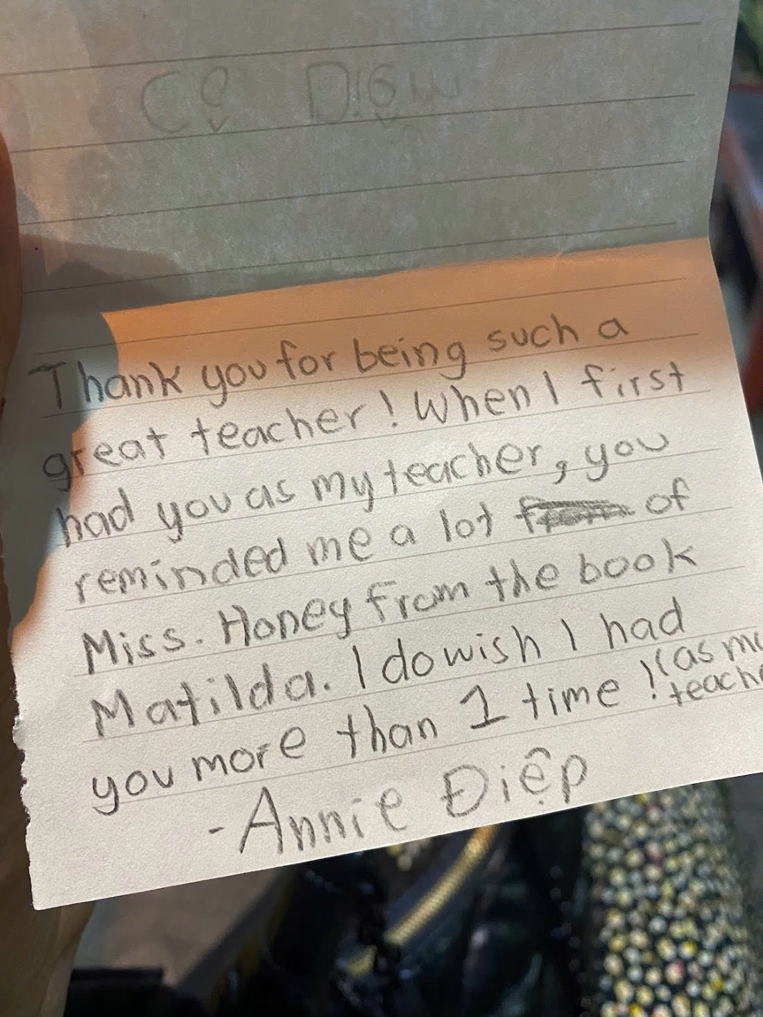 A handwritten thank-you note to Diem from a learner