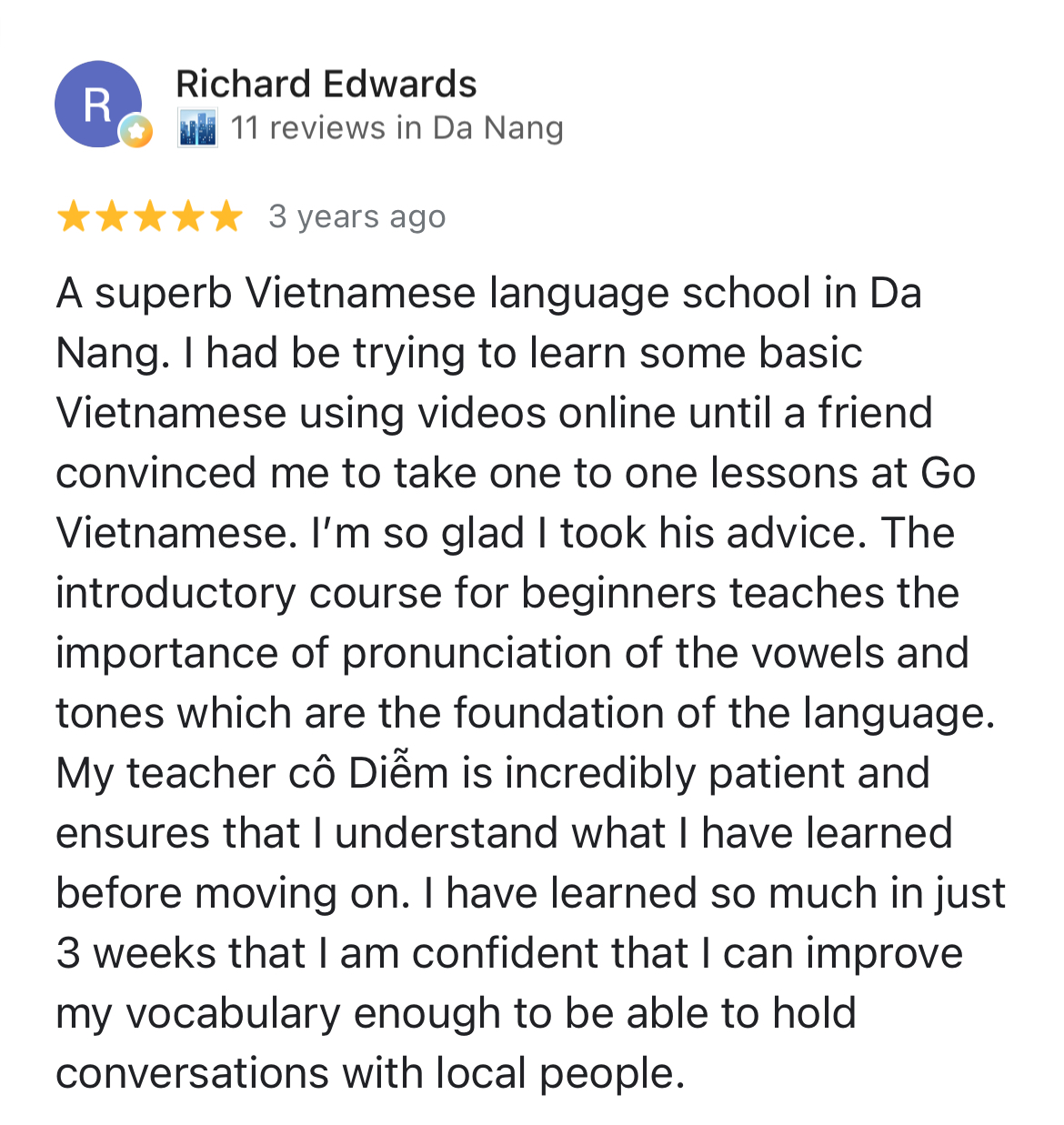 A photographed review from Vietnamese learner Richard Edwards