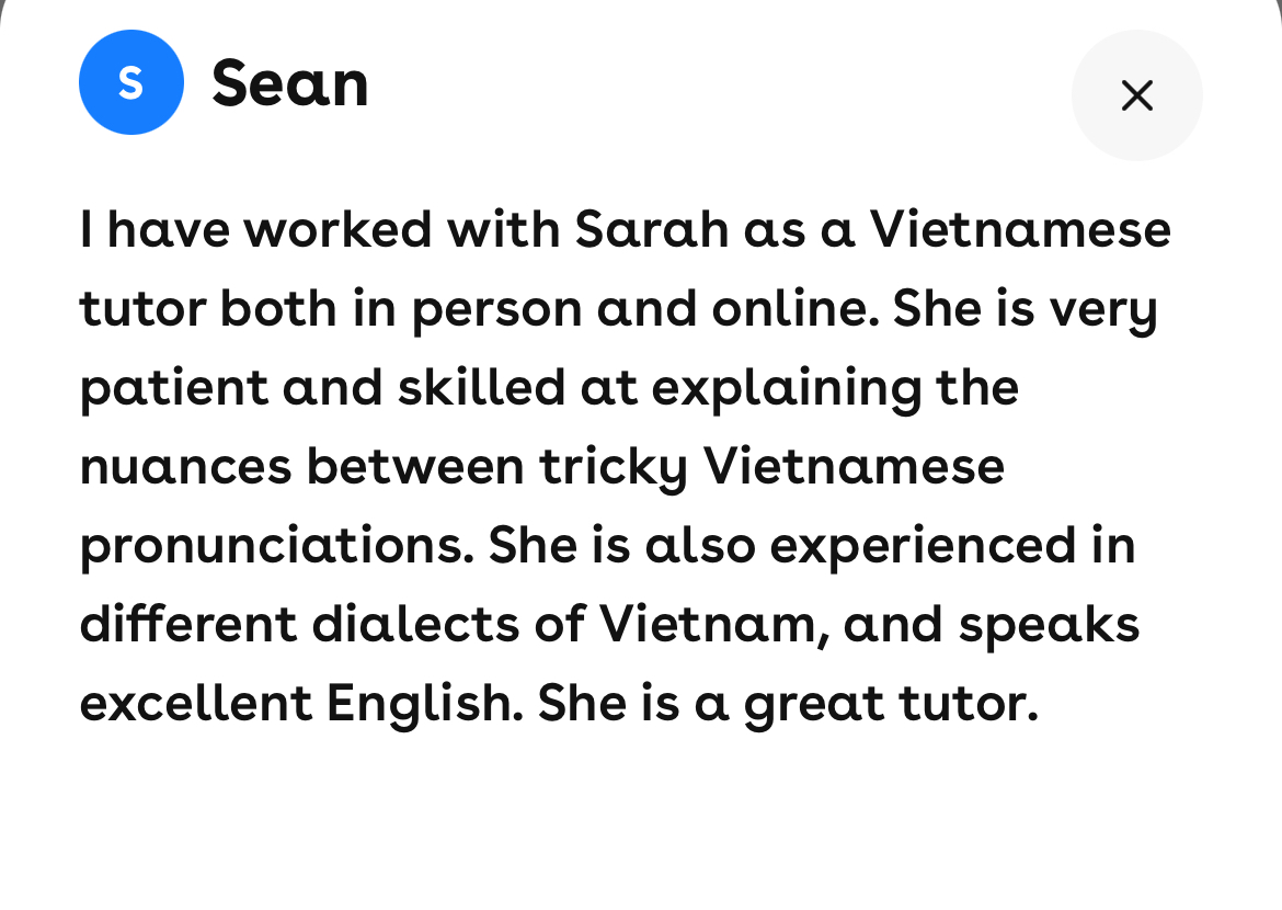 A photographed review from Vietnamese learner Sean